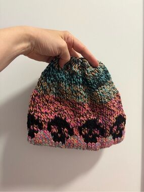Women’s Multicolor Knit Beanie with Black Skull Pattern